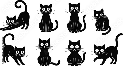 Cartoon black cat vector set, six expressive poses including yawning, stretching, sitting and waving paw