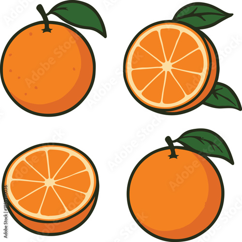 Set of fresh orange fruits and citrus slices with green leaves isolated on white, featuring ripe juicy halves and healthy sweet tangerines for a vegetarian diet rich in vitamin