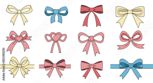A lovely collection of twelve decorative bows and ribbons in soft pastel colors with a stitched outline for gifts and craft projects.