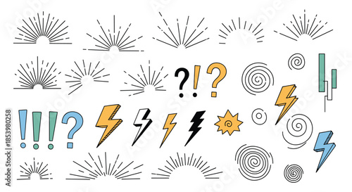 A large collection of hand-drawn comic book action elements including sunbursts lightning bolts and punctuation on a white background.