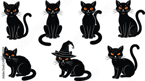 Collection of cute black cat vector illustrations, sitting and lying kitten poses with white eyes, flat feline characters for design