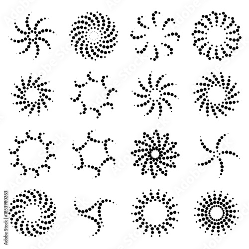 Set of Diverse Black Dot Patterns Abstract Radial Geometric Shapes White Background