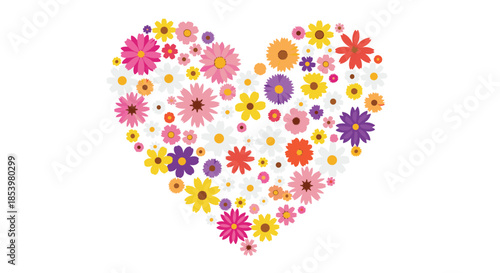 A beautiful heart shape composed of a vibrant collage of colorful spring and summer flowers isolated on a clean white background for romantic designs.