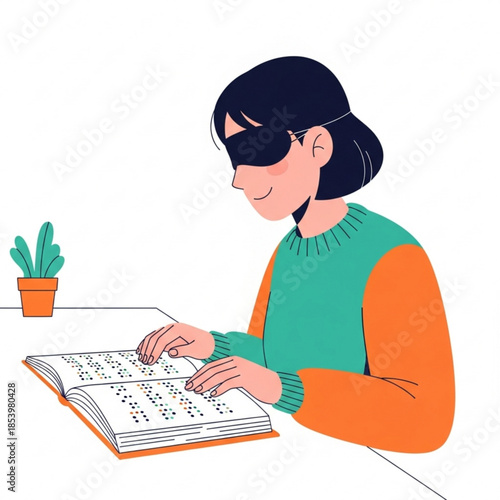 Woman reading braille book representing literacy and accessibility for the visually impaired flat illustration on white backg