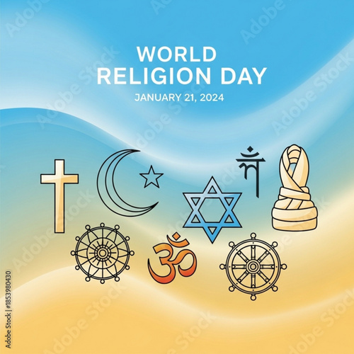 World Religion Day symbols diverse faith icons for global unity and understanding January 21st celebration concept
