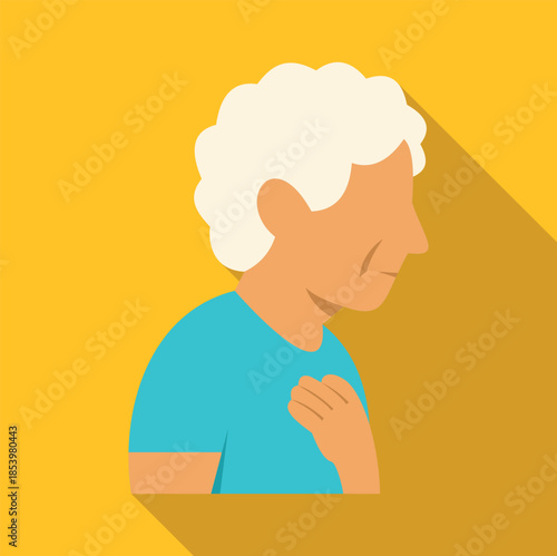 Senior woman clutching chest, depicting heart pain or attack in flat icon style
