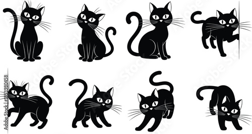 Collection of playful black cat silhouettes peeking and hiding, funny curious kitten vector icons for logo graphic design