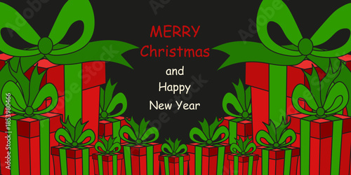 Christmas vector Frame isolated black background. Hand drawn Christmas red gift box with ribbon and bow Frame with holiday text. Editable stroke EPS10