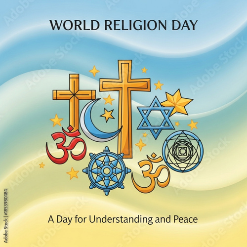 World Religion Day symbols diverse faith icons for understanding and peace illustration on a gradient background