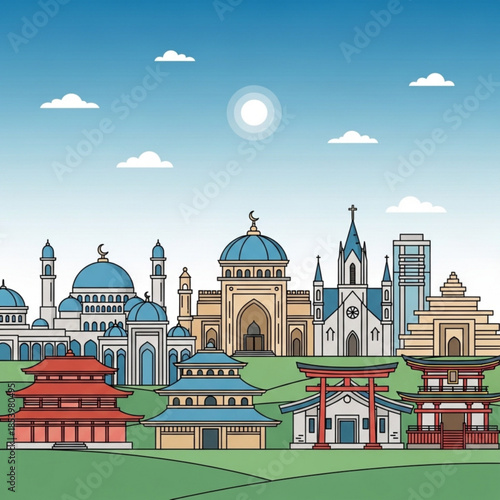 Diverse religious buildings skyline flat vector illustration of temples mosques and churches representing global culture and 