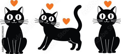 Cute black cat characters with orange hearts, vector illustration set isolated on white background for valentine and halloween design