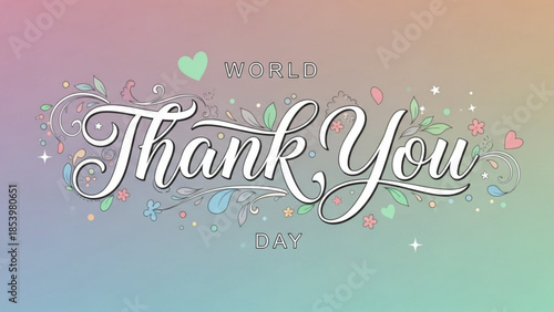 World Thank You Day: A colorful display of gratitude, with an elegantly scripted Thank You at the forefront, adorned with delicate floral and heart embellishments, conveying warmth and appreciation.