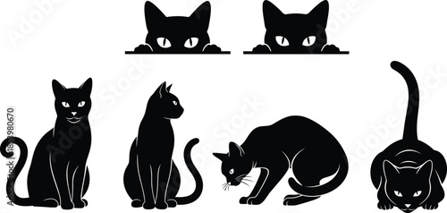 Cute black cat family vector set, adult and kitten feline illustration with orange eyes for kids, print and logo