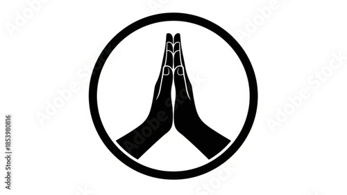 Sacred Gesture: A symbolic illustration depicts two hands joined in a respectful gesture within a circular frame, embodying peace, harmony, and spiritual connection.