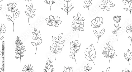 A delicate and minimalist seamless pattern of various hand-drawn wildflowers and leaves in a black dashed line art style for backgrounds.