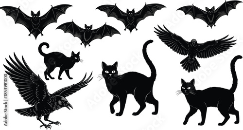 Dark Halloween-themed illustration featuring black cats, flying bats, and ominous ravens in bold monochrome style for spooky seasonal designs