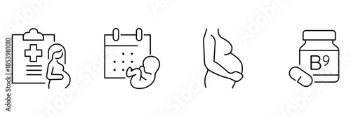 Pregnancy care icon set, prenatal medical checklist, conception calendar planning, expectant mother silhouette, folic acid vitamin supplement bottle outline illustration.