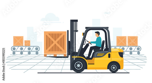 Warehouse scene with a worker operating a forklift to move a large wooden crate, with conveyor belts in the background.