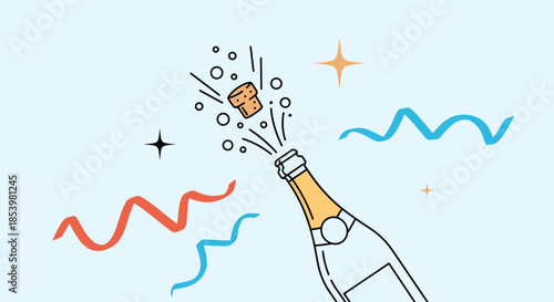 Celebratory illustration of a champagne bottle popping its cork, with bubbles, streamers, and stars for a party or event.