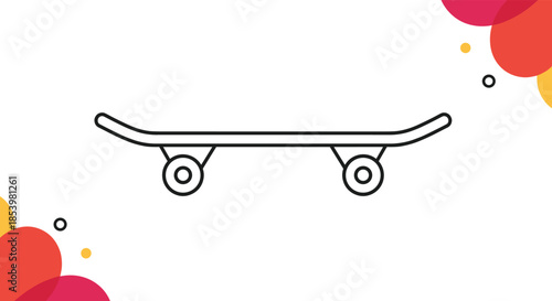 Minimalist outline of a skateboard on a white background with colorful abstract circular shapes in the corners for design.