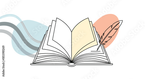 Artistic illustration of an open book with a quill pen, set against abstract colorful shapes, representing literature and writing.