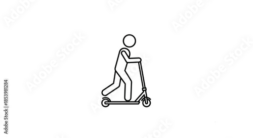 Outline icon of a stick figure person riding a kick scooter, illustrating urban mobility, activity, and personal transportation.