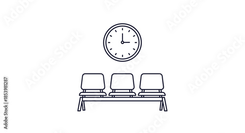 Minimalist line art of a waiting room interior, featuring a bench with three chairs and a round clock on the wall above.