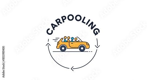 Logo for carpooling or ride-sharing, featuring a yellow car with passengers surrounded by circular arrows and the word 'Carpooling'.