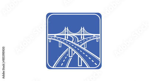 Blue and white icon showing an interchange of highways and a bridge, symbolizing transportation, infrastructure, and road travel.