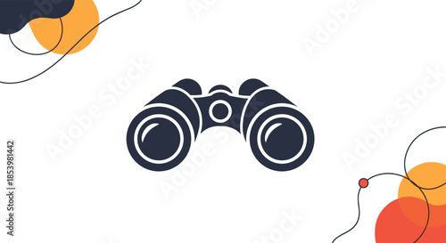 Solid black binoculars icon on a white background with abstract orange and black shapes, representing search, vision, and discovery.