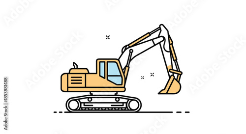 Modern flat line illustration of a yellow construction excavator with a bucket, representing digging, building, and heavy machinery.