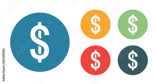 Set of colorful circular icons each containing a white dollar sign, representing money, finance, currency, and business concepts.
