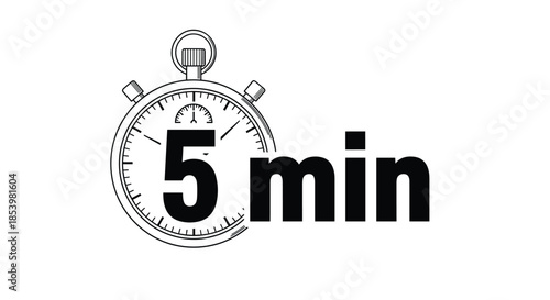 Black and white line art illustration of a classic stopwatch with the text '5 min', representing a five-minute timer or countdown.