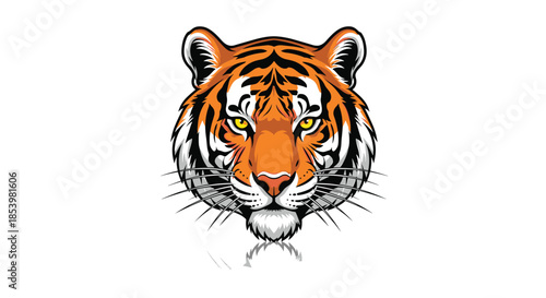 Detailed and powerful vector mascot illustration of a fierce tiger head looking forward, with a subtle reflection on a white background.