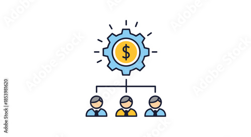 Flat color line icon representing financial management, with a dollar-sign gear linked to a team of employees, symbolizing payroll.