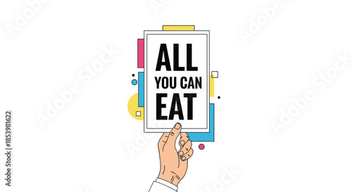 Cartoon illustration of a hand holding up a sign with the text 'All You Can Eat' against a colorful, abstract geometric background.