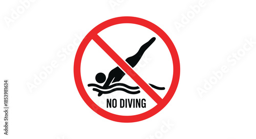 Clear and simple 'No Diving' warning sign featuring a pictogram and text, commonly used at swimming pools for water safety.