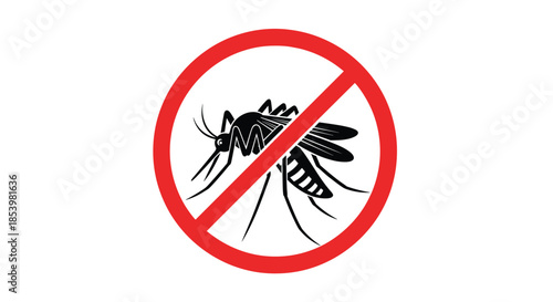 Vector prohibition sign with a mosquito silhouette, representing insect control, pest repellent, and prevention of vector-borne diseases.
