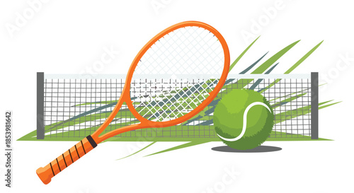 Colorful cartoon illustration of tennis equipment, featuring an orange racket and a green ball placed in front of a net on the grass.