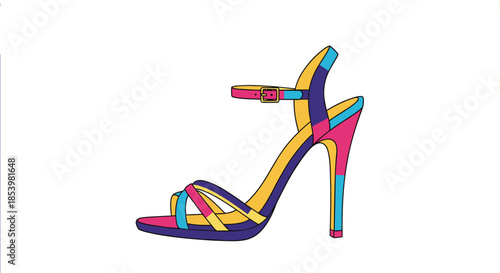 Fashionable vector illustration of a single colorful women's high-heeled sandal with multi-colored straps, isolated on a white background.