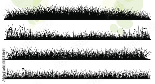 Set of four different black grass silhouettes, providing various natural border and meadow design elements isolated on a white background.
