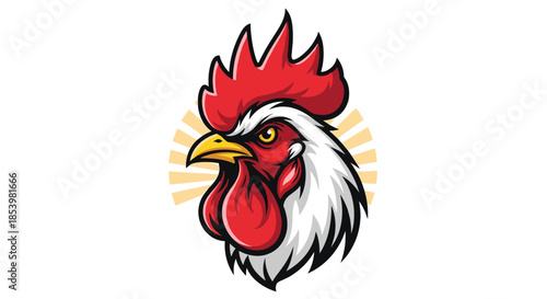 Fierce rooster head mascot logo with a bright red comb, designed in a bold cartoon style with radiating sun rays in the background.