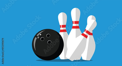 Flat design vector illustration of a black bowling ball crashing into pins, capturing the exciting moment of a strike in a bowling alley.