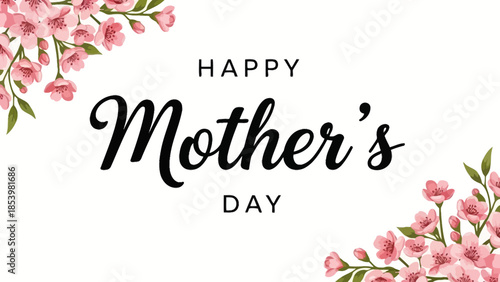 A white background with 'Happy Mother's Day' in black script, adorned with delicate pink cherry blossom branches in the top left and bottom right corners.