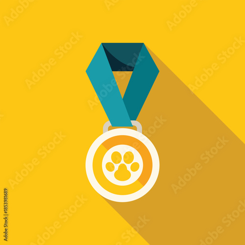 Medal with paw print celebrating a winning or champion pet, dog or cat
