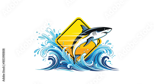 Dynamic cartoon illustration of a great white shark leaping from turbulent ocean waves, with a yellow warning sign in the background.