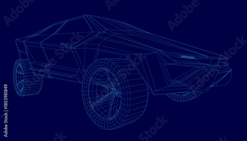 A 3D wireframe concept car blueprint reveals intricate details of the headlights, grille, and wheels on a solid blue background.
