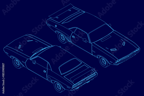 Blueprint of a muscle car in white contour lines on a solid blue background. This vintage automotive technical drawing is part of a classic car set.