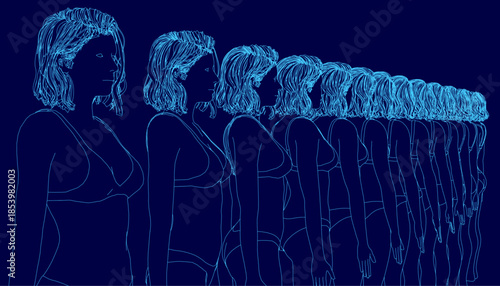 A set of young women stands in a row wearing matching underwear against a dark blue background. They face the same direction for a unified and stylish look.
