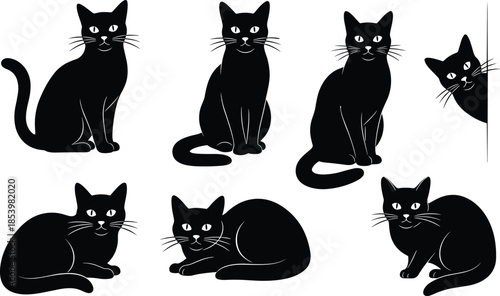 Set of black cat silhouettes in various poses including sitting lying and peeking vector illustration isolated on white background